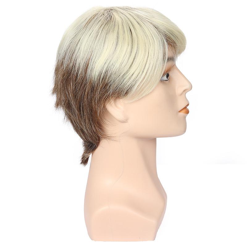 Synthetic Ombre Blonde To Brown Layered Wig with Bangs for Men Short Straight Hair Heat Resistant Natural Daily Party Man Wig