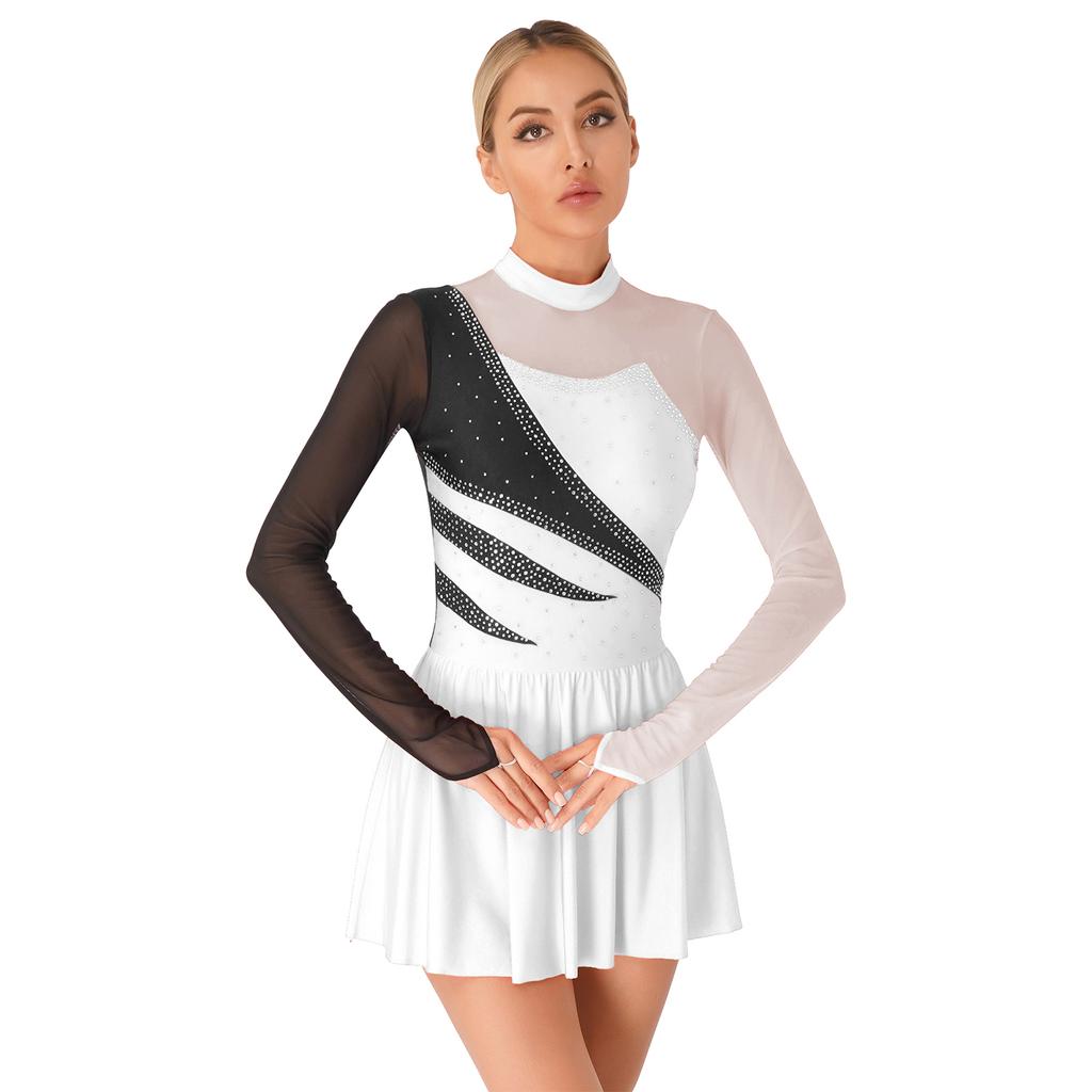 Dlouhý rukáv Tyl Všitý Výřezy Záda Kolečkový krasobruslařský dres Šaty Gymnastické Baletní Taneční Kostýmy