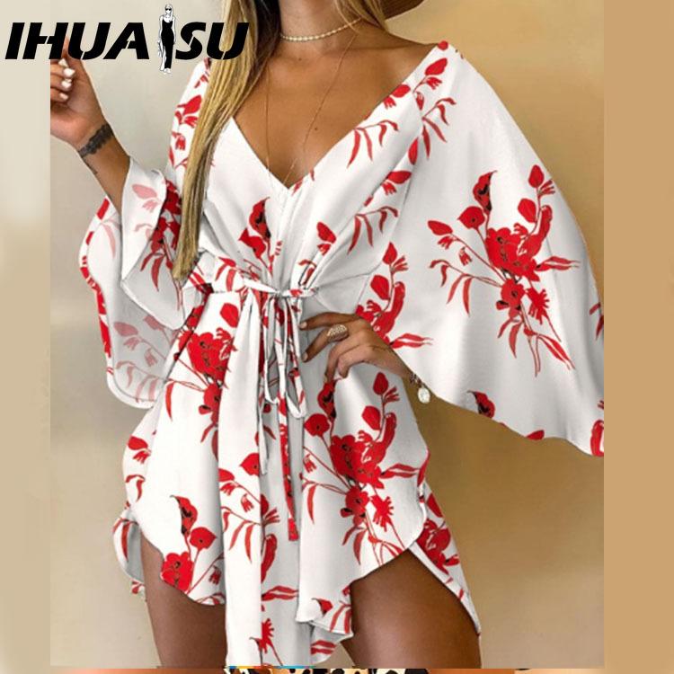 

IHUASU Fall Sexy V-neck Irregular Bat-sleeve Lace-up Dress S
