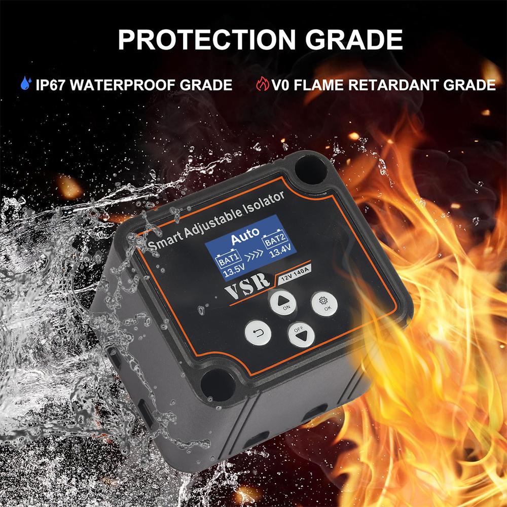12V 140A Adjustable Dual Battery Isolator Split Charge Dual Battery Smart Isolator LCD Display Voltage Setting For Camper Car RV