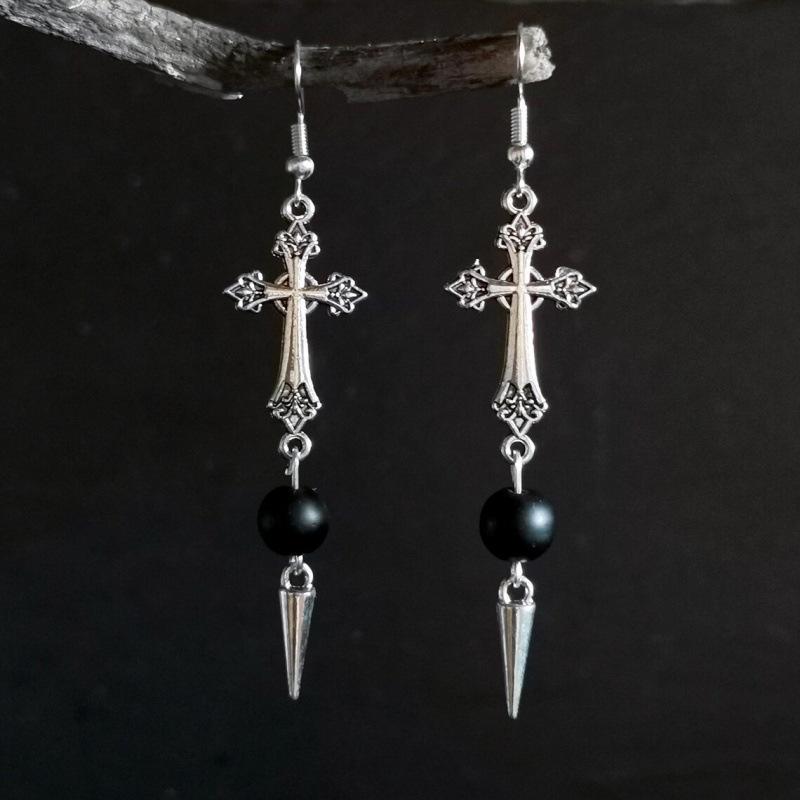 Silver Gothic Cross Earrings with Black Stones and Spikes