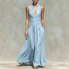 European and American sexy neck deep v-neck dress linen waist thin pendulum sleeveless long holiday dress