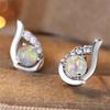 White Fire Opal Round Stone Stud Earrings For Women Vintage Black Rose Gold Silver Color Angel Wings Earring Engagement
