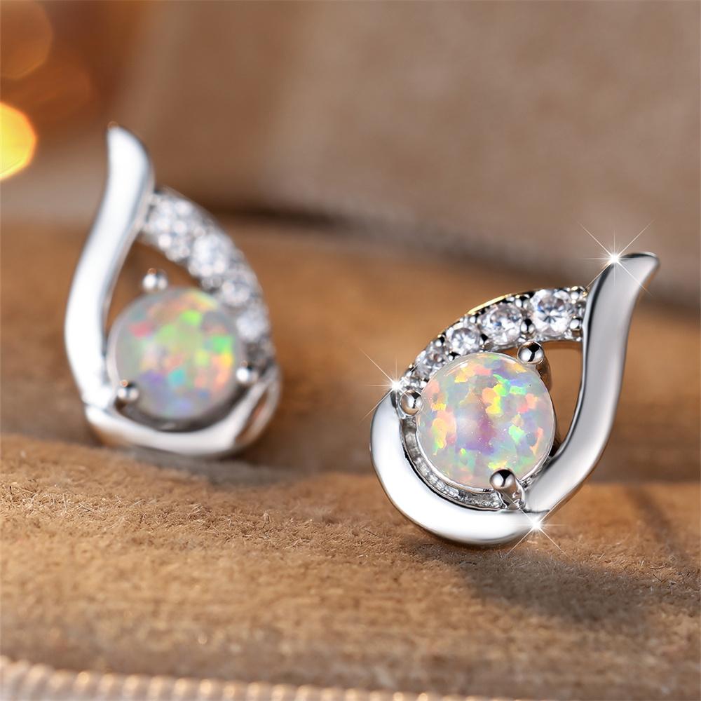 White Fire Opal Round Stone Stud Earrings For Women Vintage Black Rose Gold Silver Color Angel Wings Earring Engagement