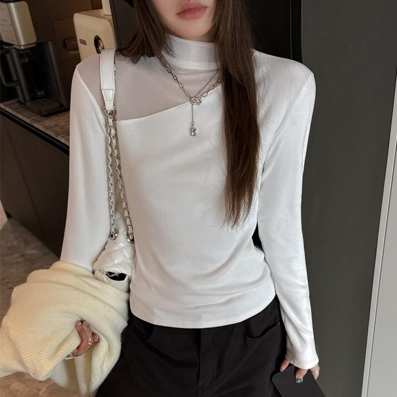 Women S Long Sleeve Slim Fit Mesh Patchwork Basic Top For Autumn Winter