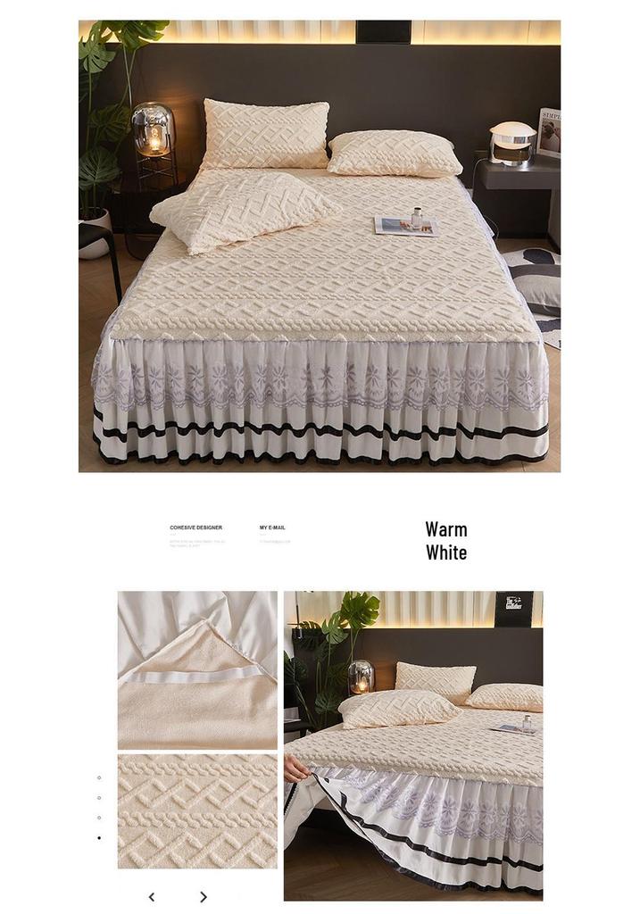 Thickened Taffeta Bed Skirt Set: Korean Style Lace Bedspread & Mattress Cover (3-Piece, Solid Color)