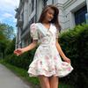 French V-neck Bubble Sleeve Dress, European and American Summer Waist Print Short Dress, Ruffle Leaf Edge Dress