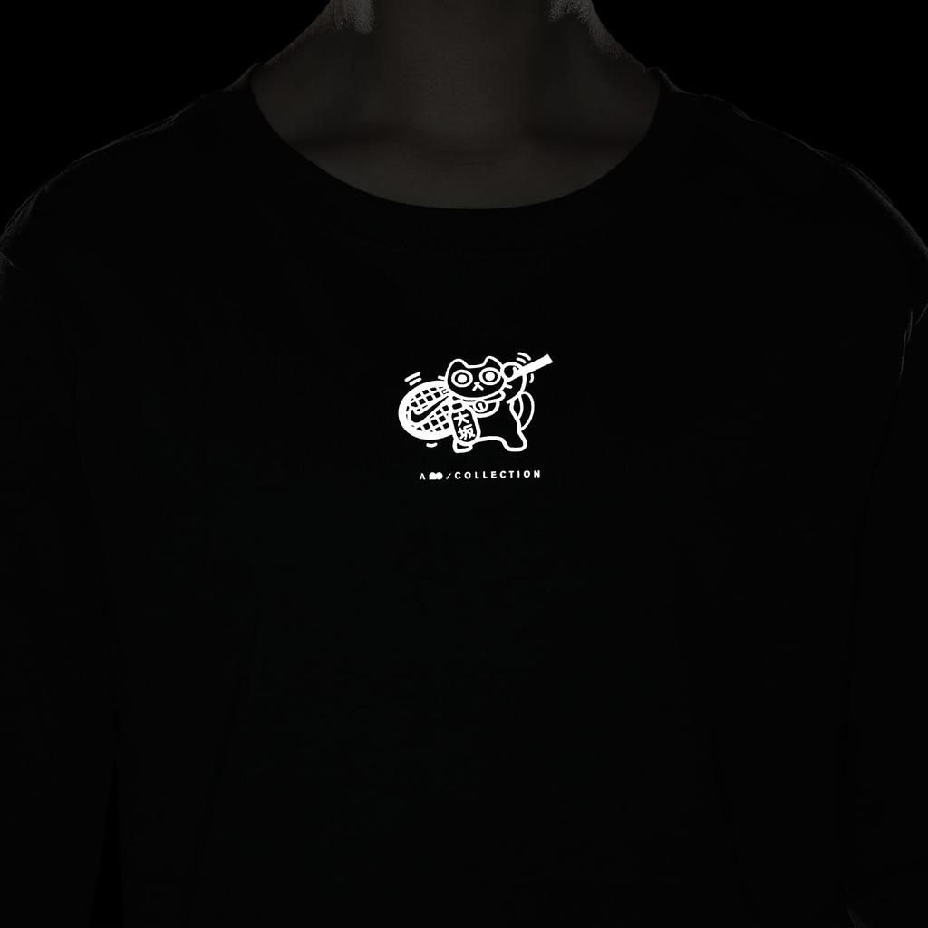 Nike Glückskatzen-Muster bedrucktes Rundhals Langarm T-Shirt Damen Tops Schwarz DJ7942-010