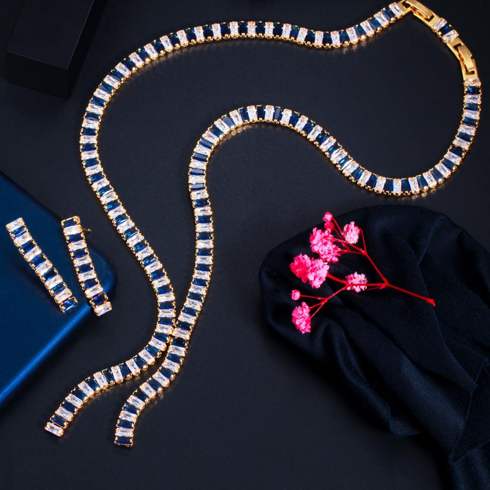 

CMM Роскошный комплект с подвесками и серьгами золотого цвета с кубическим цирконием сапфировый