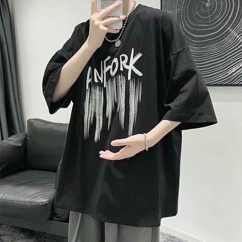IELGY T-shirt Stile Hong Kong da Uomo a Manica Corta Estiva Larga Casual Stile Coreano di Tendenza Selvaggia Hip-hop Top Abbigliamento a Manica a Cinque Punti