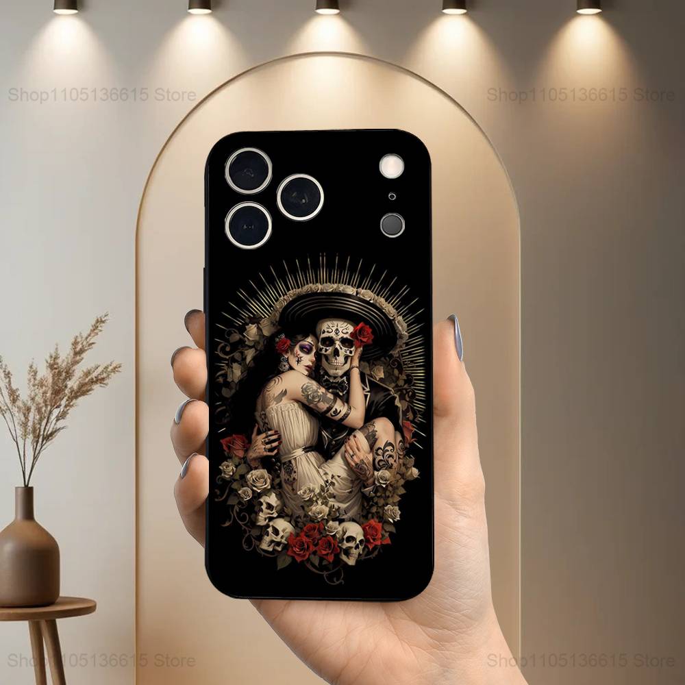 Catrina Skull Girl Mexican Case For iPhone 12,14,15,16,17,13,11,X,Mini,Plus,Pro Max,8,7,XR,SE,XS,Soft Silicone Black