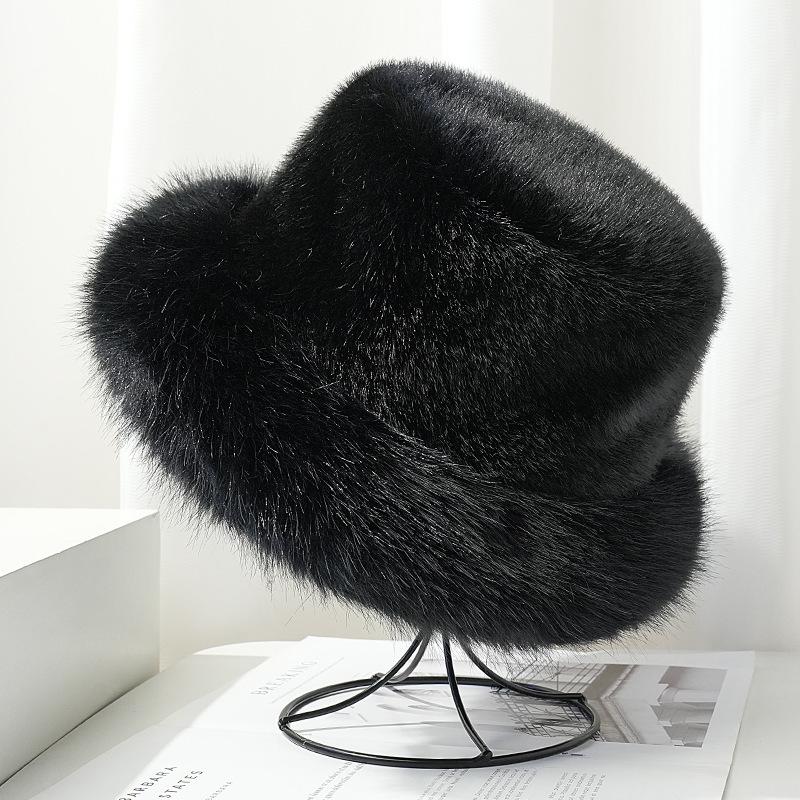 Elegant faux fur mink fluffy fisherman hat for women, ladylike style, large head circumference plush hat, warm winter pullover hat