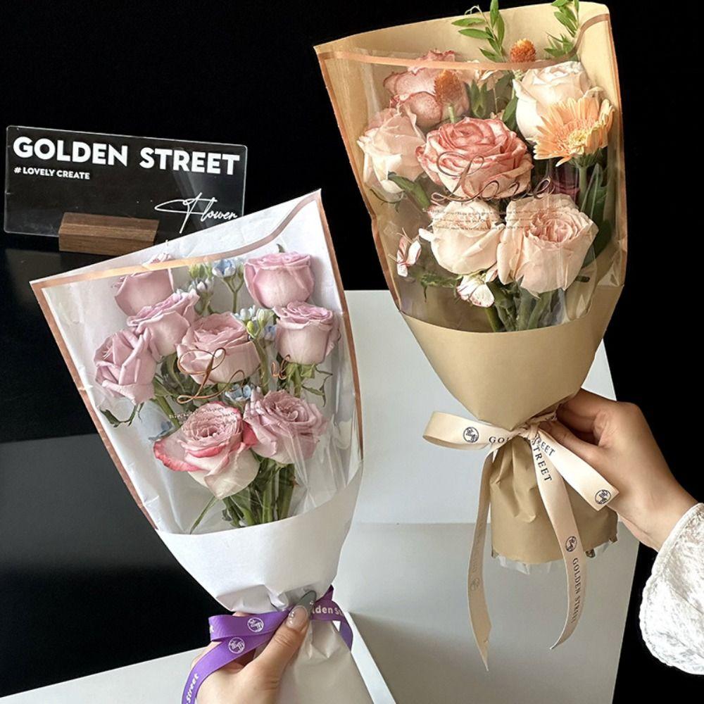 20PCS Transparent Flower Packaging Bag Hot Stamping Foil Rose Wrapping Bag Bouquet Packing Bag