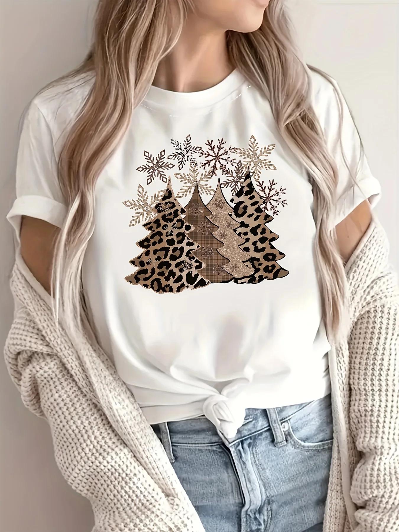 

Christmas Leopard Tree Print Crew Neck ONeck TShirt Harajuku Casual Oversized Streetwear Short Sleeve Top Womens Clothing S
