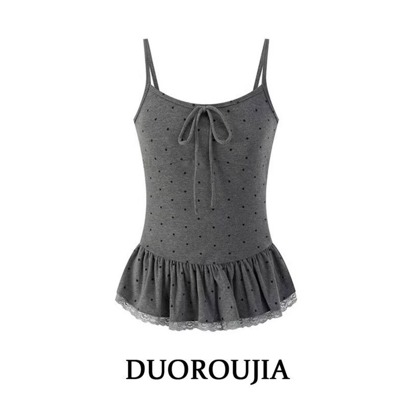 

Duor Plus size Dark Gray Knitted Long sleeve Cardigan Women Autumn Lace Hem Polka Dot Sling Top Two-piece Suit Dark Gray Sling M
