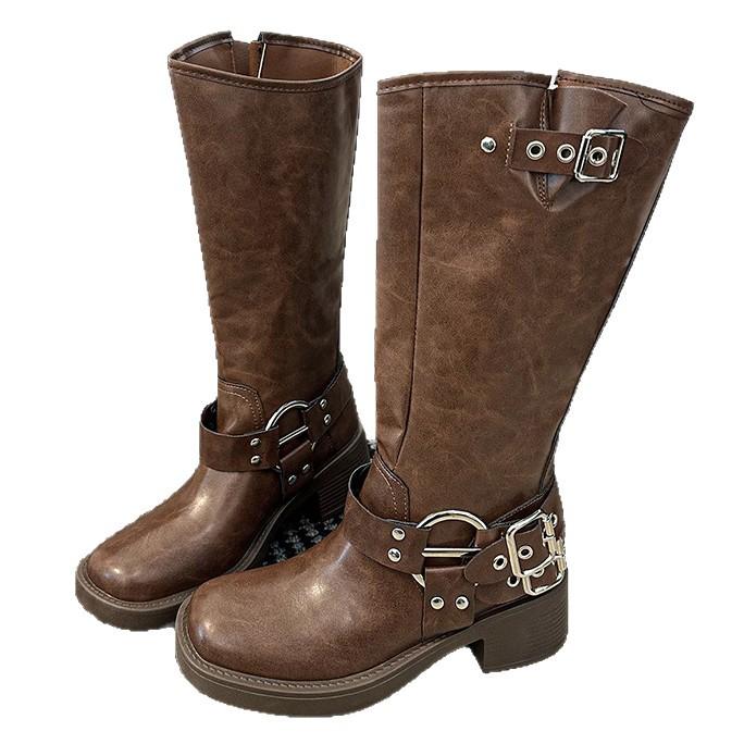 Coarse Heel Brown But Knee Knight Boots Women's Autumn 2025 New Western Cowboy British Style Tall Boots