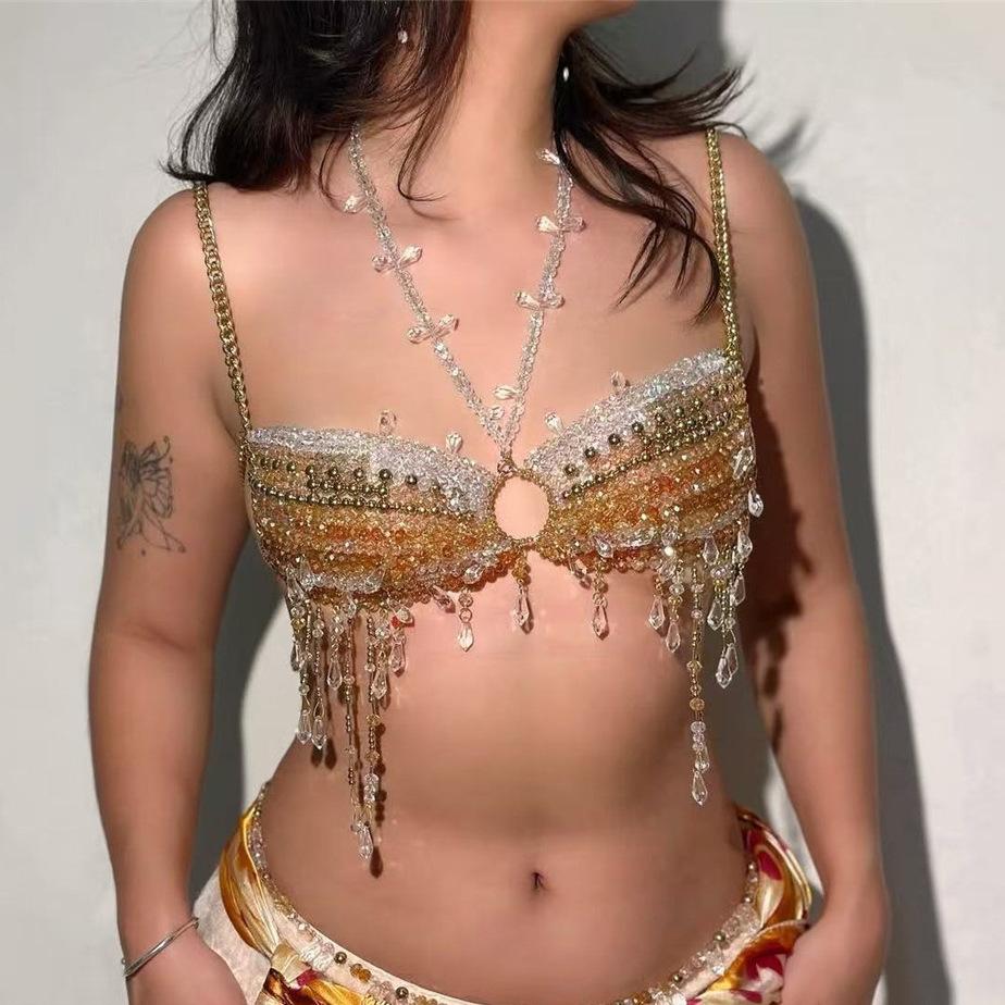 Women Gold Beaded Rhinestone Tassel Chain Body Crop Top OneSize золотой