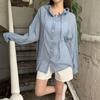 New Arrivals Open Run Women Check Hood String Loose Fit Ruffle Blouse