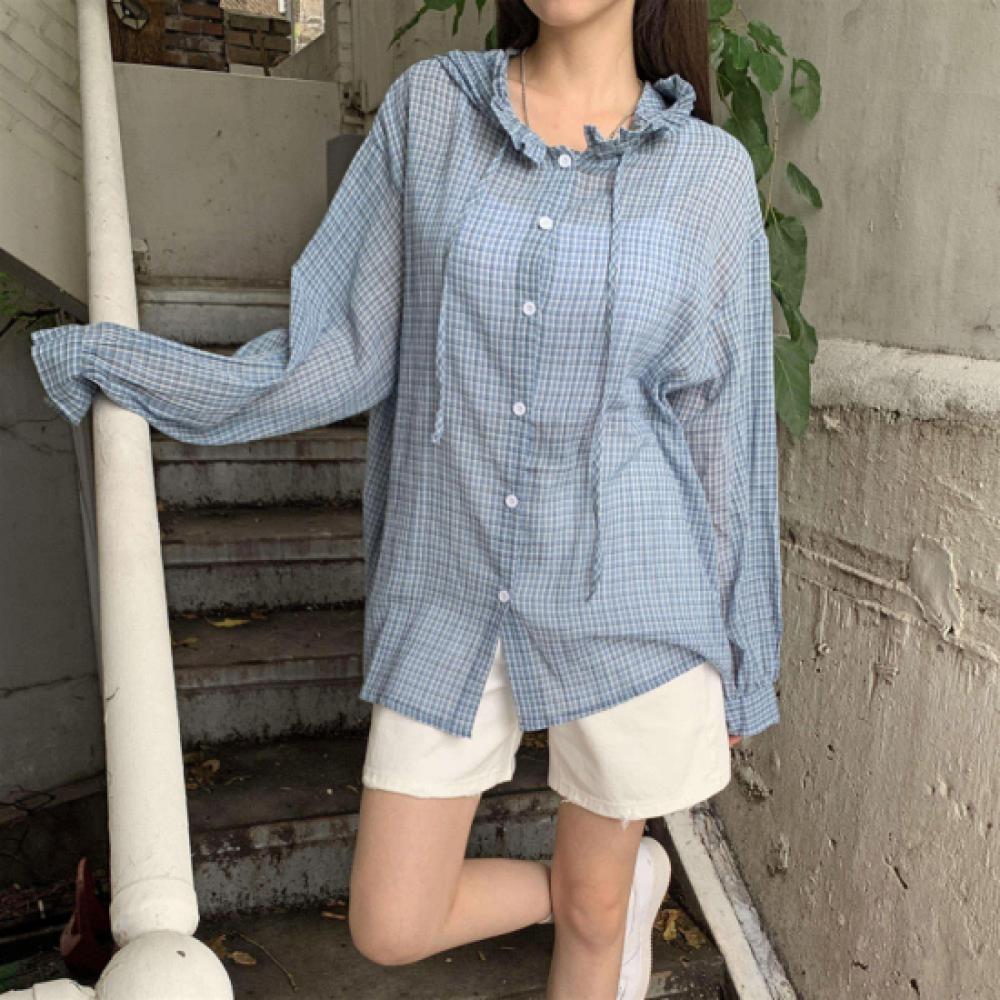 New Arrivals Open Run Women Check Hood String Loose Fit Ruffle Blouse