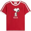 X Peanuts Snoopy 75th Anniversary Series Color-Blocked Trim Round Neck Short Sleeve Regular T-Shirt Women Tops Red CBM99-RED