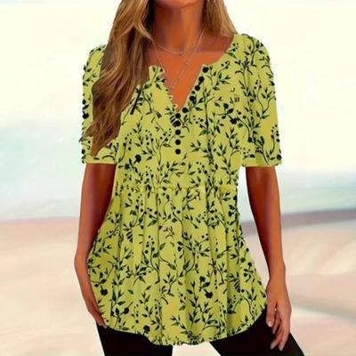 Summer Women's V-neck Button Short-sleeved Casual Printed Pullover Top