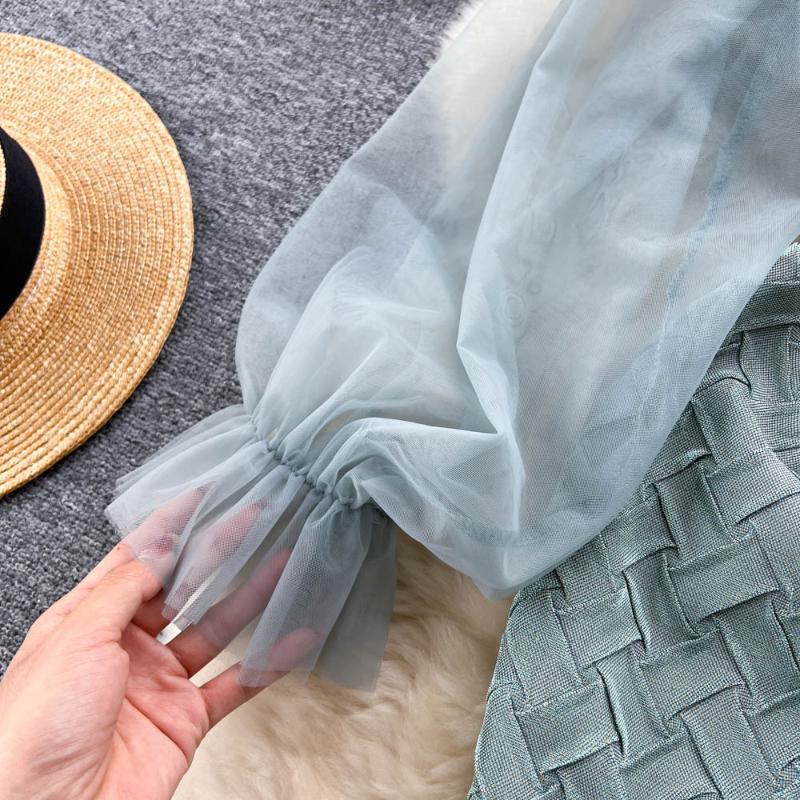 Elegant Sexy High Waist One Piece Dress Women Patchwork Mesh Lantern Long Sleeve Sexy Mini Dress Lady Vacation Slim Chic Party Ceremonial Dress 2024