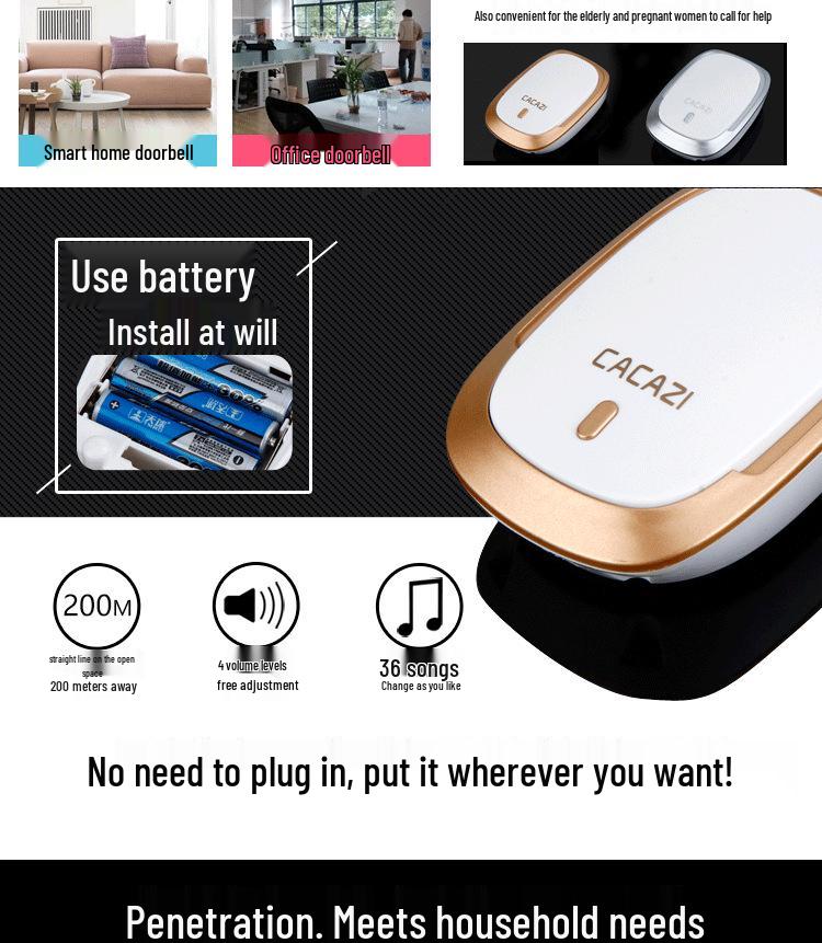 Waterproof Wireless Digital Doorbell with Long-Range Remote Control and DC Power, Ideal for the Elderly
