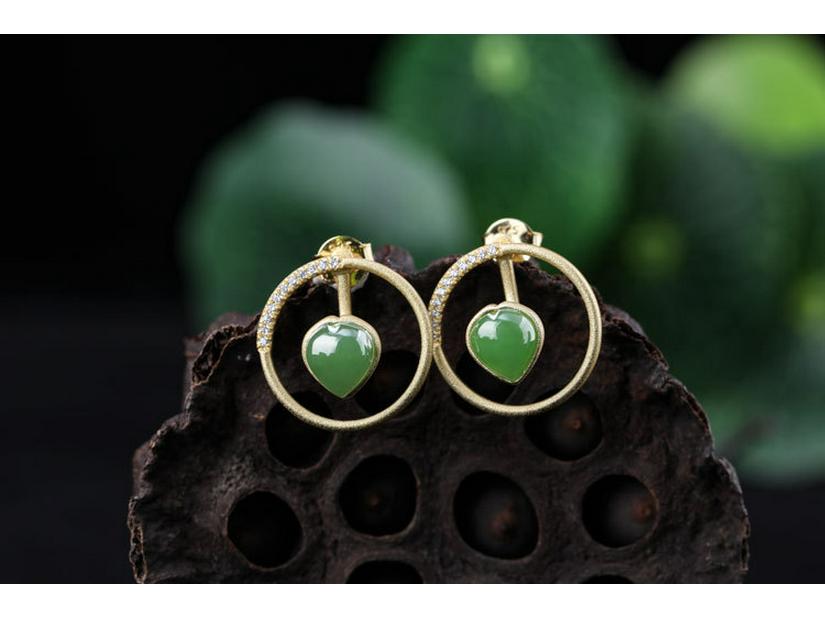 Gold-Plated 925 Sterling Silver Hetian Jade Two-Way Stud Earrings for Women with Certificate
