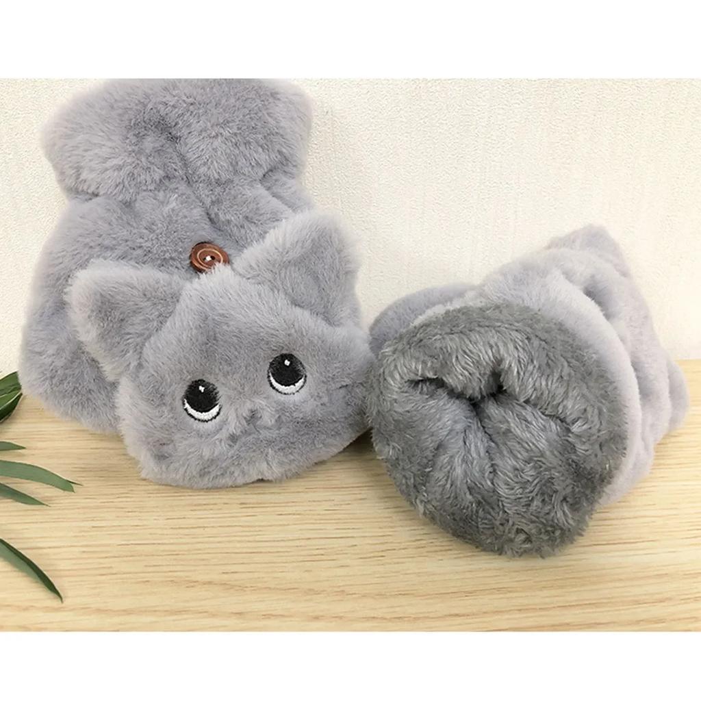 Women Plush Warm Glove Fur Lovely Rabbit Cat Mittens Flip Fingerless Gloves Soft Girls Thick Gloves Flexible Half Finger Winter