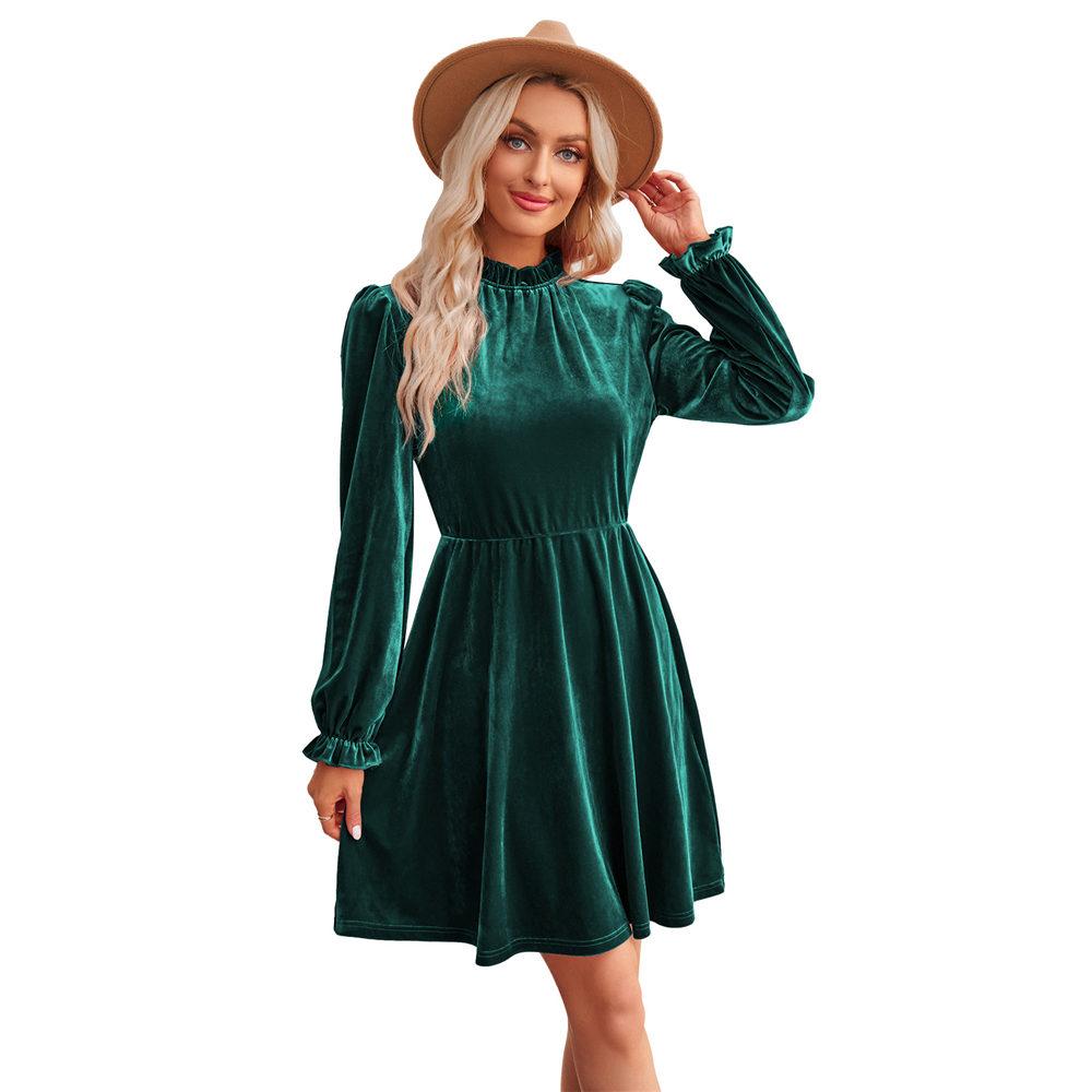 Samtkleid für Damen Winter Casual Hoher Hals Samt Einfarbig Schlanke Taille Kleid Herbst Winter Promi Partykleider