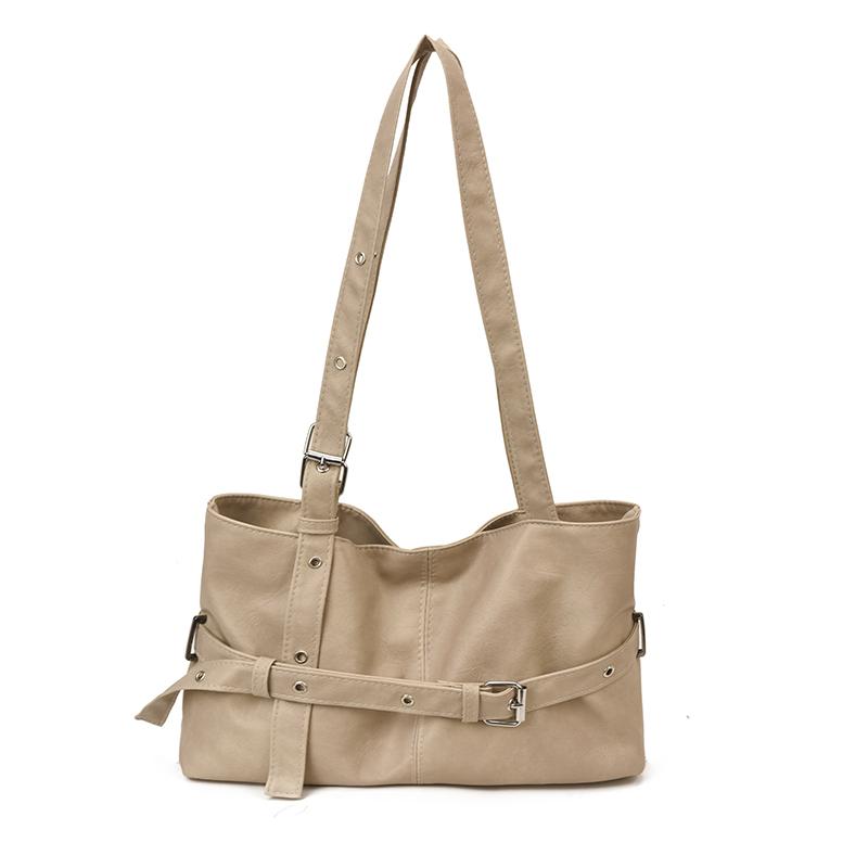 Faux Leather Tote Bag for Women Fashion Buckle Detail Shoulder Handbag with Wide Handles бежевый 1530₽