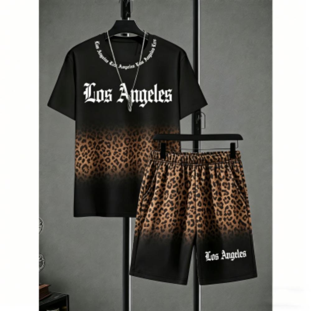 Men's Set Letter Leopard Printed Men's T-shirt and Shorts 2 Piece Set Summer Casual Outdoor Plus Size Men's and Women's T-shirt Sets