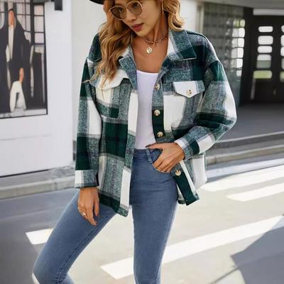 Veste à carreaux d'automne et d'hiver pour femmes, décontractée ample à poches, chemise-veste en laine