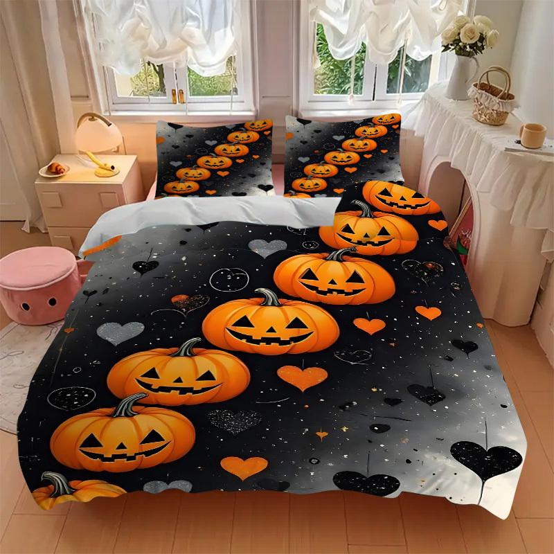3pcs Halloween Pumpkins Duvet Cover Set, Cover For Bedroom Guest Room (1 Duvet Cover + 2 Pillowcase, Without Quilt),  yy250922156
