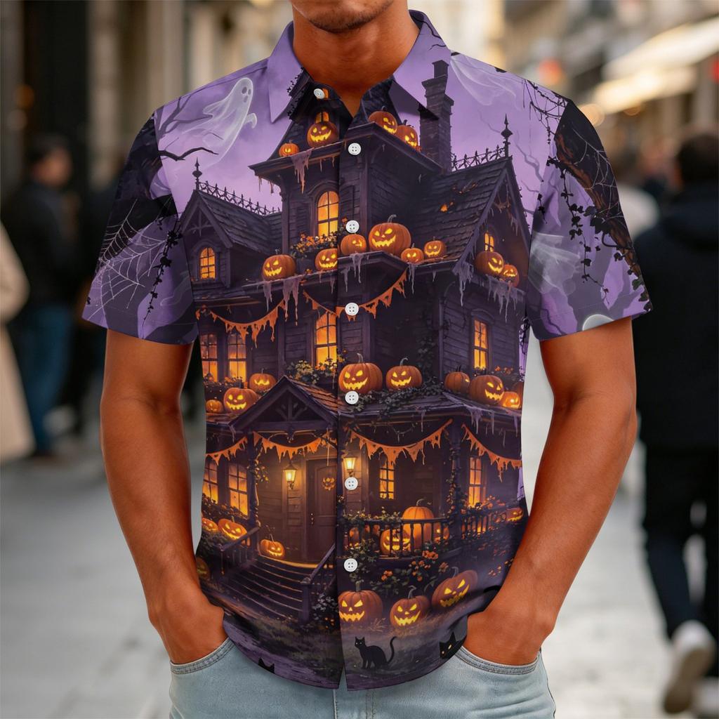 Men's Halloween Print Vintage Button Down Cardigan Shirt - Loose Fit Breathable Summer Casual Streetwear Top
