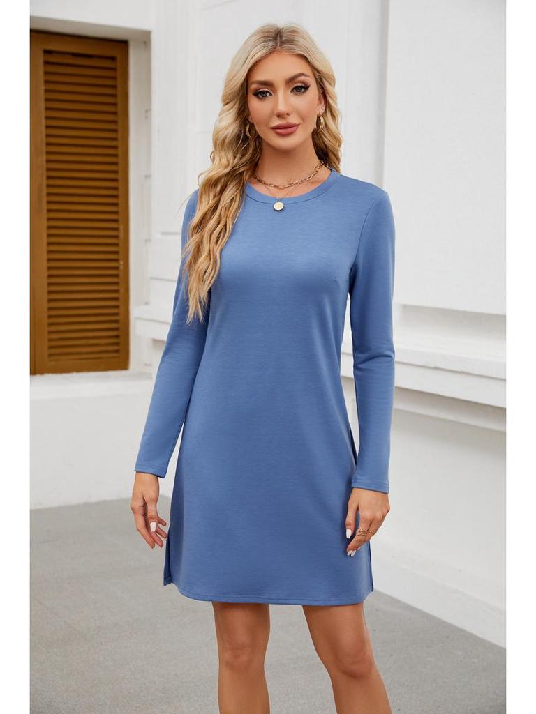 2024 Women's Casual Long Sleeve Slit Hem Dress with Round Neck