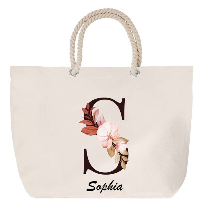 Sac de plage - PLANETEE - Sophia - Anse corde - Motif Lettre Fleur - Grand format