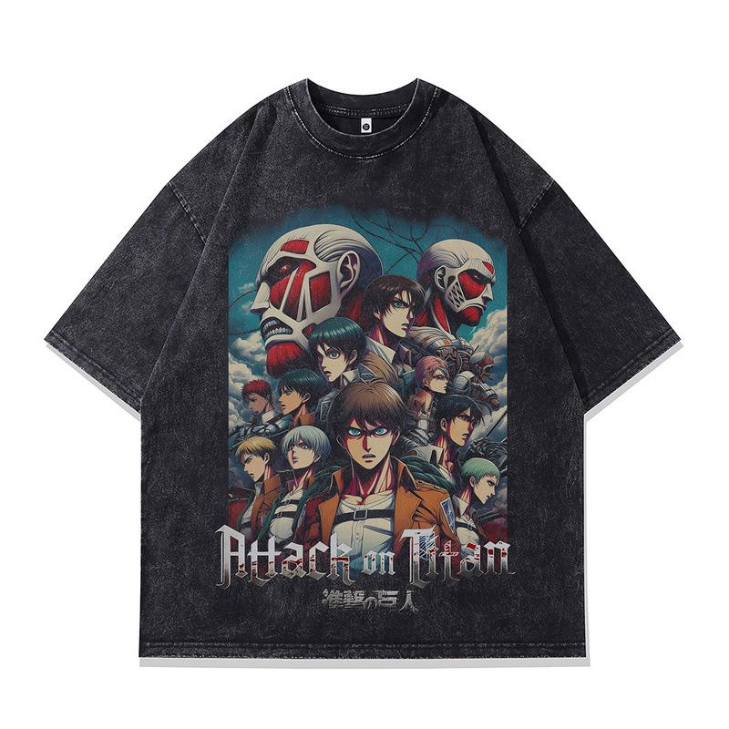 Retro Trendy T-Shirt Harajuku Two-Dimensional Cartoon Direct Injection Printing Heavy Cotton Washed Short-Sleeved T-Shirt For Men And Women