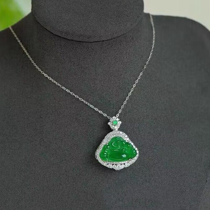 S925 Silver Pendant: Natural Jade Maitreya Buddha Necklace, Full Green Design.