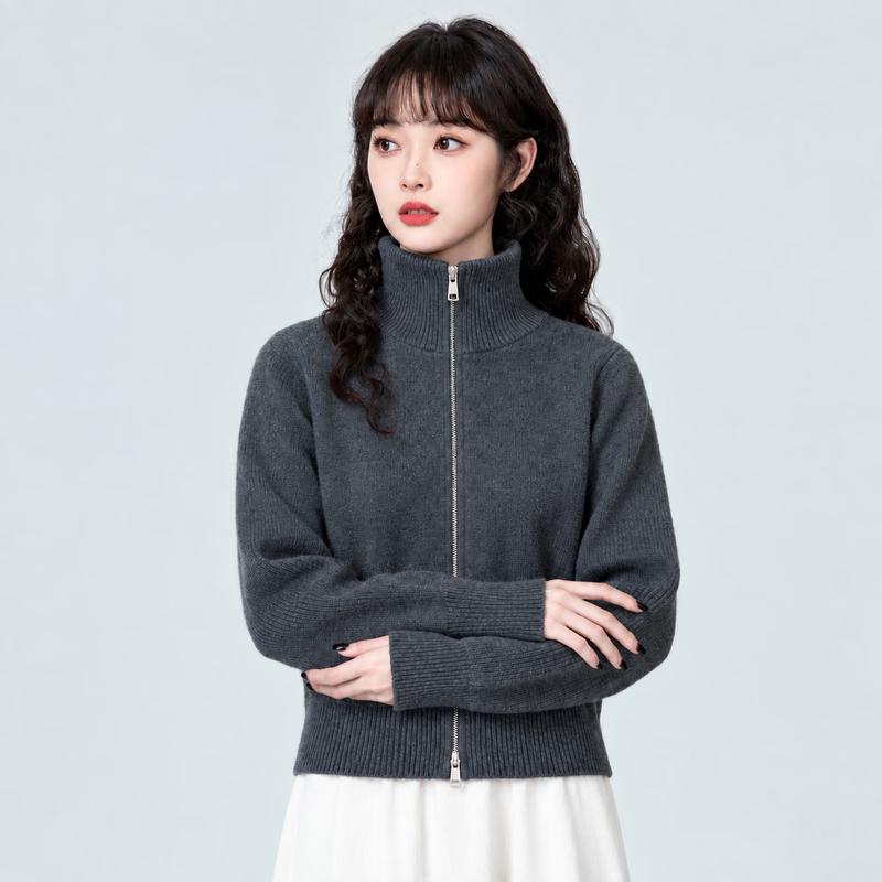 Women's Slim-Fit Zip-Up Mock Neck Knitted Cardigan