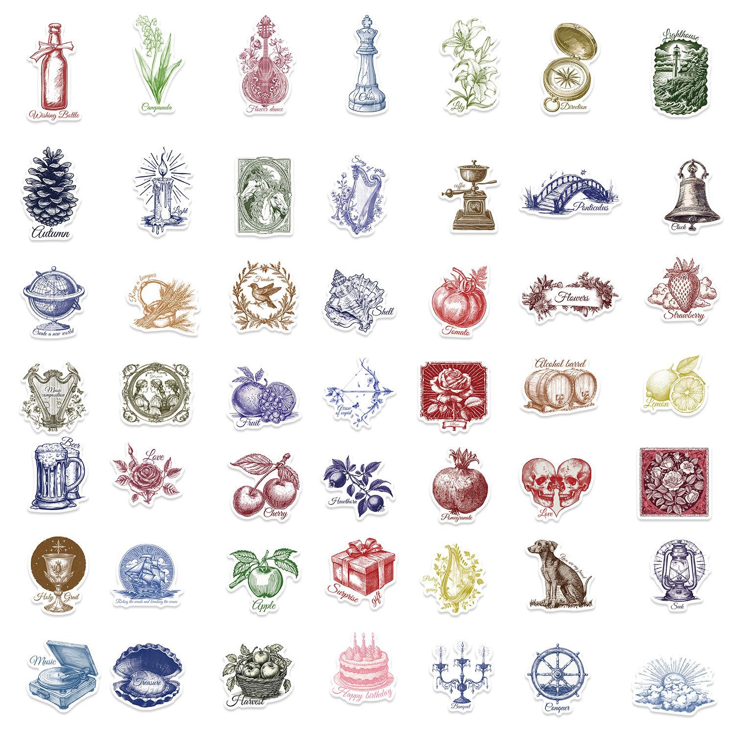 

50 Cartoon Retro Imprint Stickers Decorate Notebook Suitcase DIY Waterproof Stickers