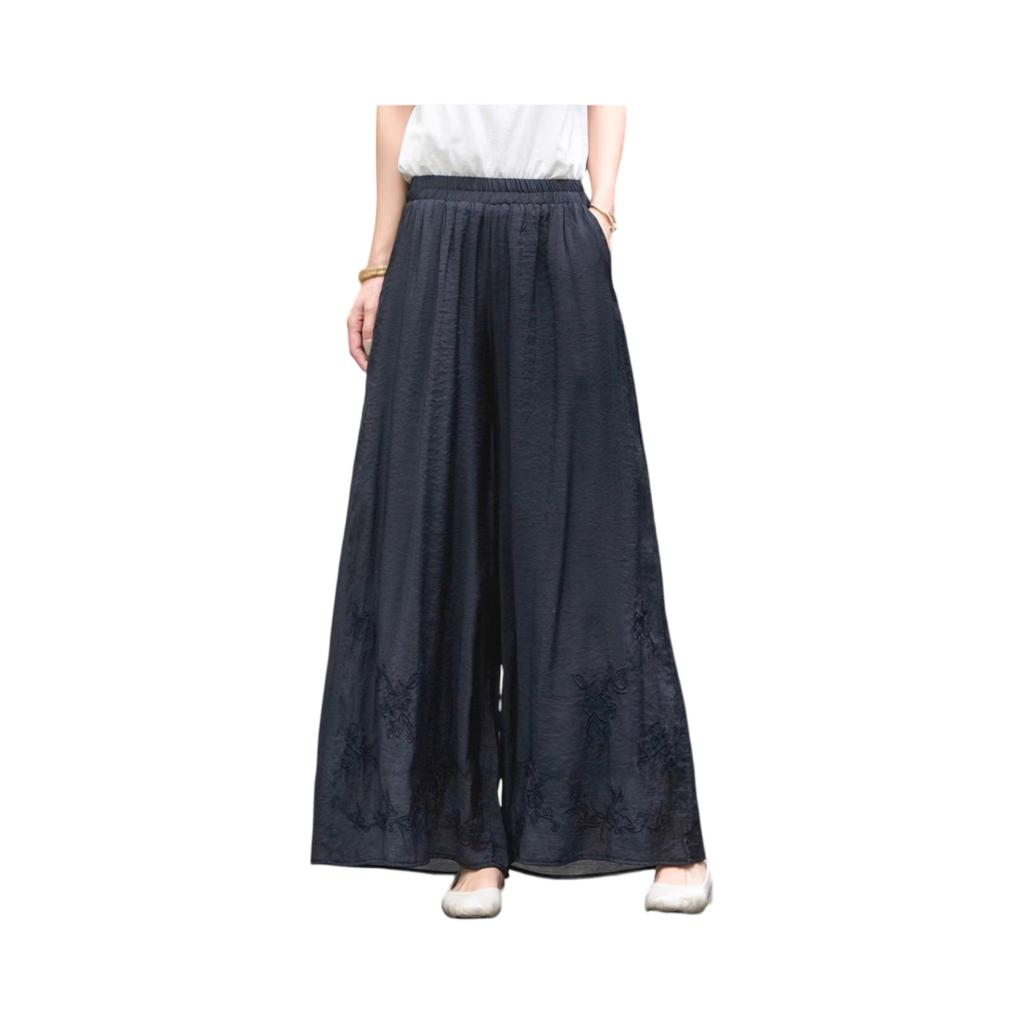 Pantaloni Casual da Donna alla Moda in Cotone e Lino Ricamati a Doppio Strato con Gamba Dritta