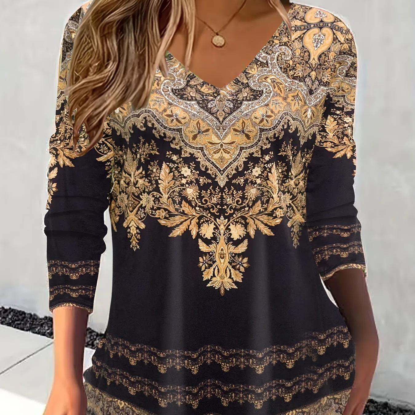 

Футболка с геометрическим цветочным принтом больших размеров - V-образный вырез, длинный рукав, слегка тянется, можно стирать в стиральной машине, повседневная женская одежда на все сезоны 3XL