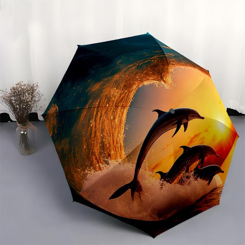 1pc Ocean Sunset Dolphins Wave Umbrella with Plastic Handle,Suitable for All Seasons Home Travel Outdoor UmbrellaDD345