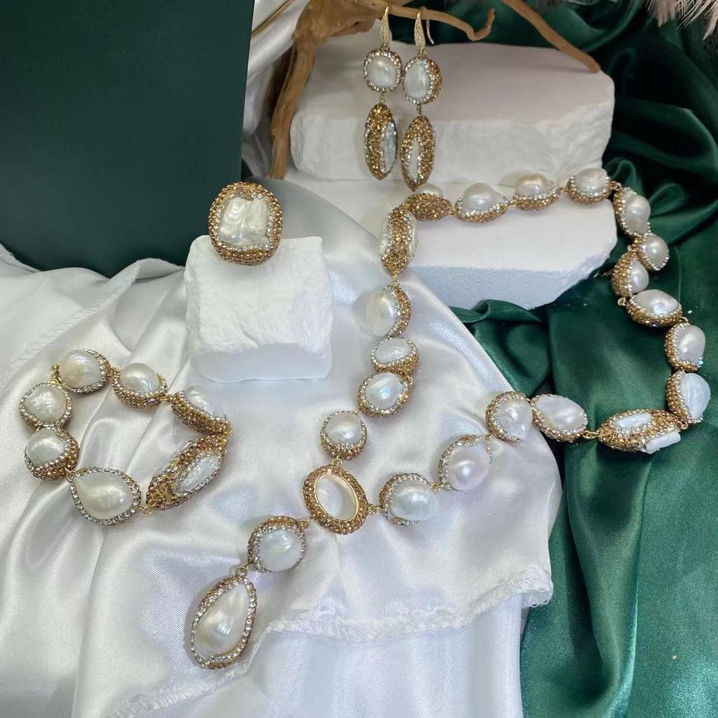 Natural Baroque Pearl Women's Design Niche Jewelry Set Versatile Necklace Earrings Ring