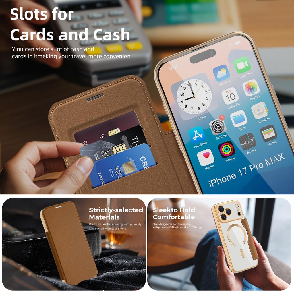 Luxury Transparent Flip Leather Wallet Magnetic Phone Case For iPhone 17 Pro 15 14 13 12 11 16 Pro Max Slot Card Bag For Magsafe 17Air Cover