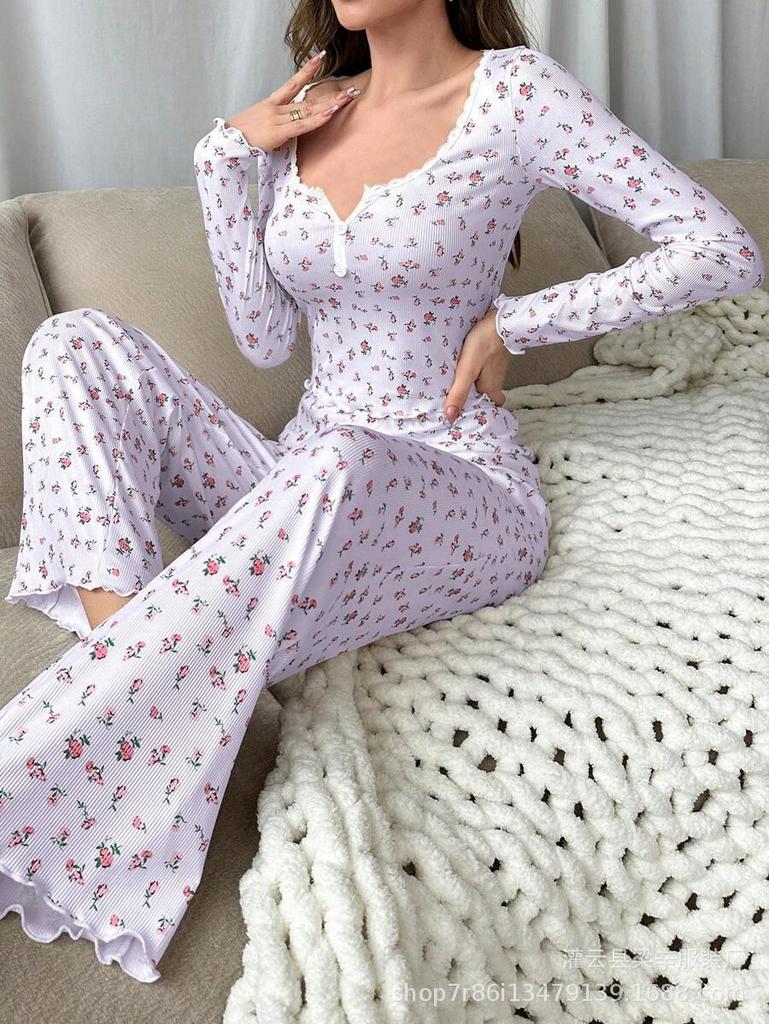 European and American Sexy Casual Long Sleeve Pajama Set - Autumn/Winter Women's Home Wear