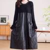 Women's long Sweater Dress Knitted Patchwork PU Leather A-Line Dress Plus Size Knitted Dress for Autumn and Winter ...