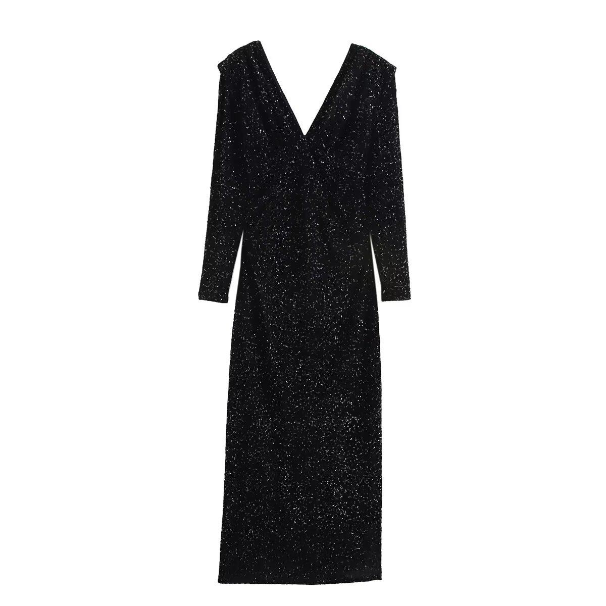 

Женская мода весна 2025: Платье с пайеточной вышивкой и подплечниками в европейско-американском стиле S чёрный