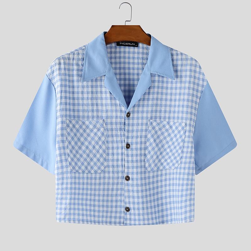

INCERUN Oversized Men Lapel Neck Short Sleeve Plaid Print Casual Cropped Shirts 5XL синій